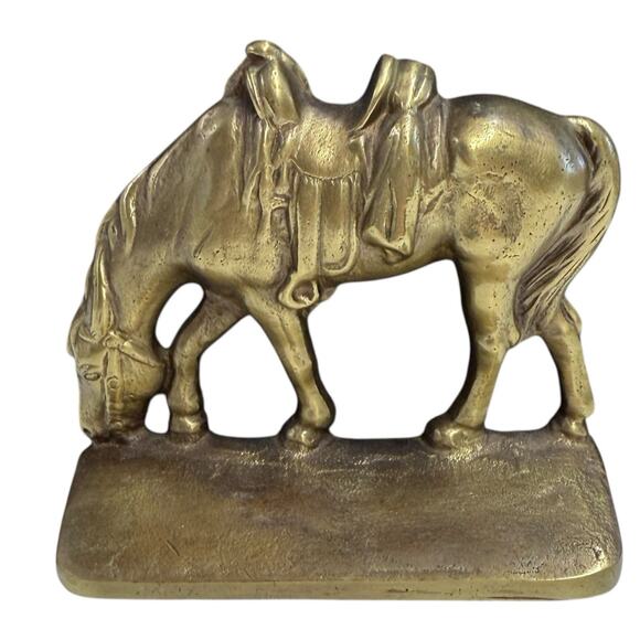 Vintage Pair Heavy Brass Grazing Horse Book Ends Western Saddle Office Decor